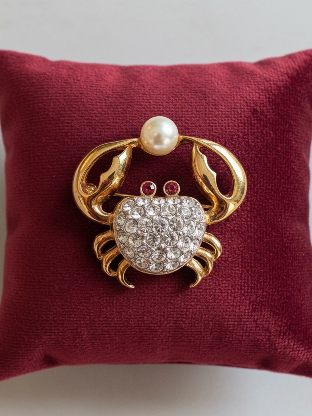 Vintage Attwood & Sawyer Pavé Crystal Crab Brooch Gold Tone Pearl 1980s